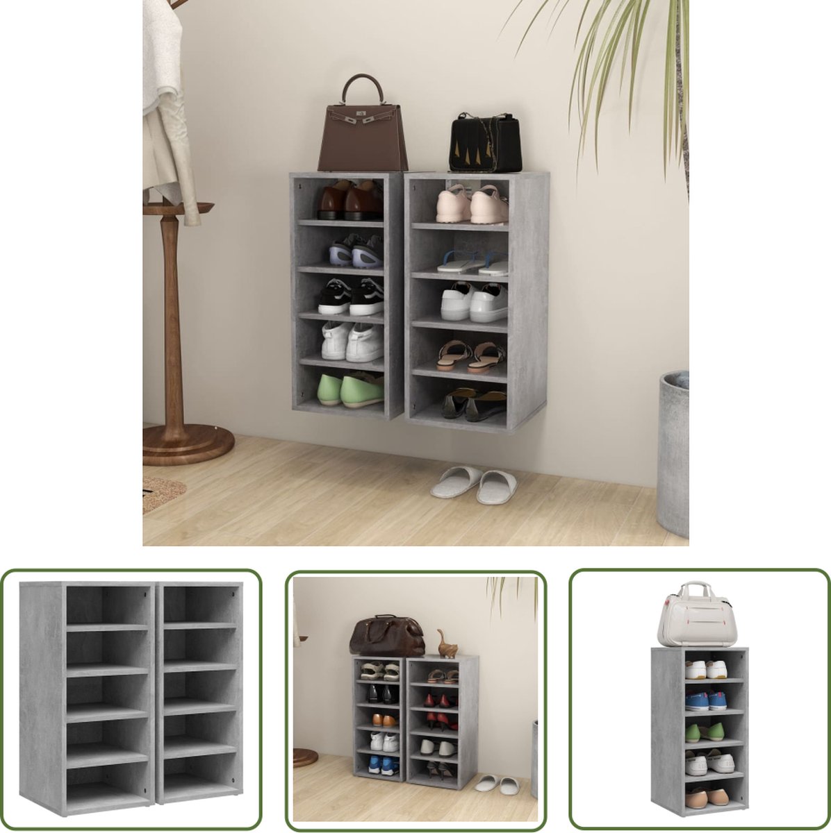 The Living Store Schoenenkast Betongrijs - 31.5 x 35 x 70 cm - Duurzaam en stevig - 5 vakken - Montage vereist (8721031227915)