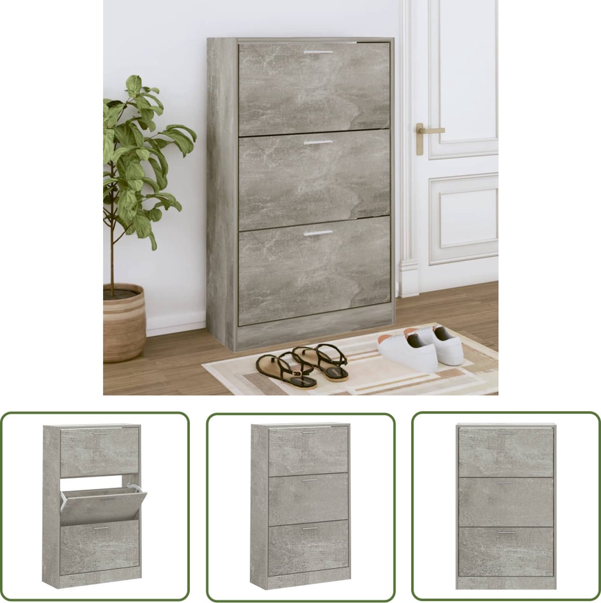 The Living Store Schoenenkast Betongrijs - 63 x 24 x 103 cm - Duurzaam bewerkt hout - 3 lades - Schoenenkast - Houten Schoenenkast - Schoenenopbergers - Entreemeubilair - Bergruimte (8721032300808)