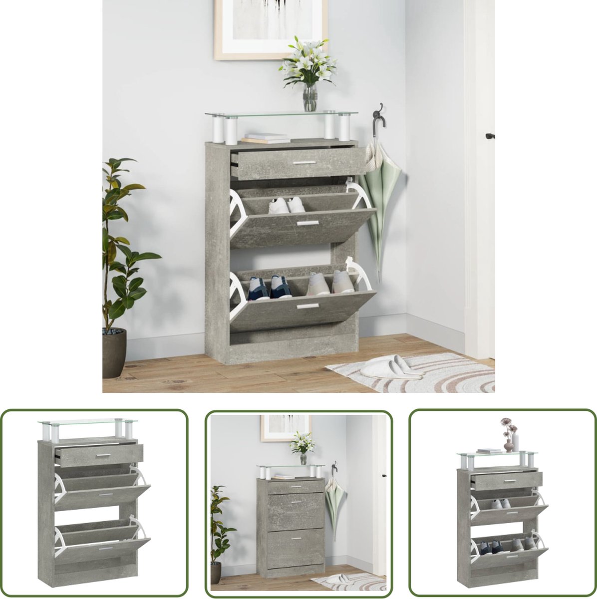 The Living Store Schoenenkast Betongrijs 63 x 24 x 104 cm - 3 lades - neerklapbaar - hoogwaardig materiaal (8721032022618)