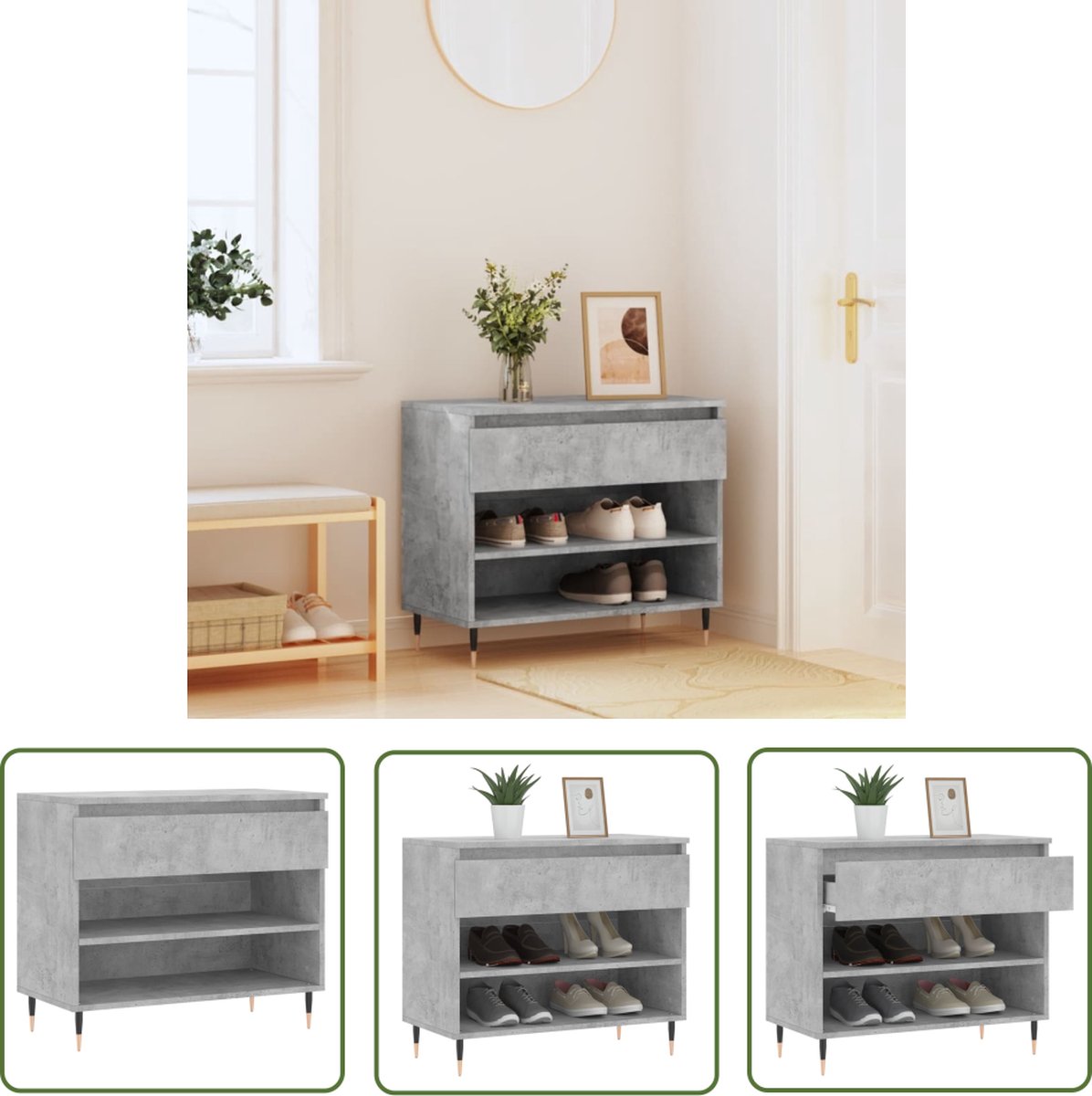 The Living Store Schoenenkast Betongrijs - 70 x 36 x 60 cm - Duurzaam bewerkt hout - 1 lade - 2 vakken - Stevig blad - Metalen poten (8721194027223)