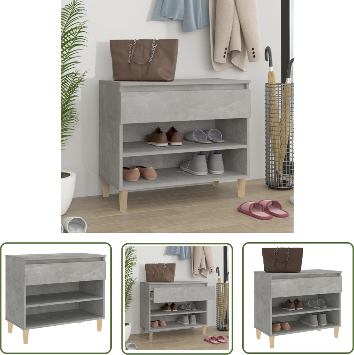 The Living Store Schoenenkast Betongrijs - 70x36x60 cm - Hoge Kwaliteit Hout - 2 Vakken (8721032193370)
