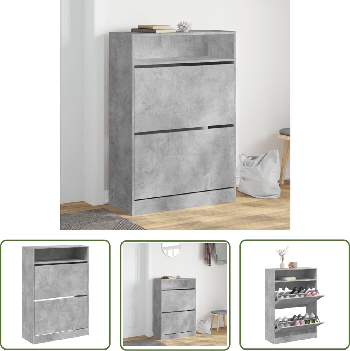 The Living Store Schoenenkast Betongrijs Bewerkt Hout 80 x 34 x 116 cm - Ruimtebesparend met Klaplades (8721194234942)