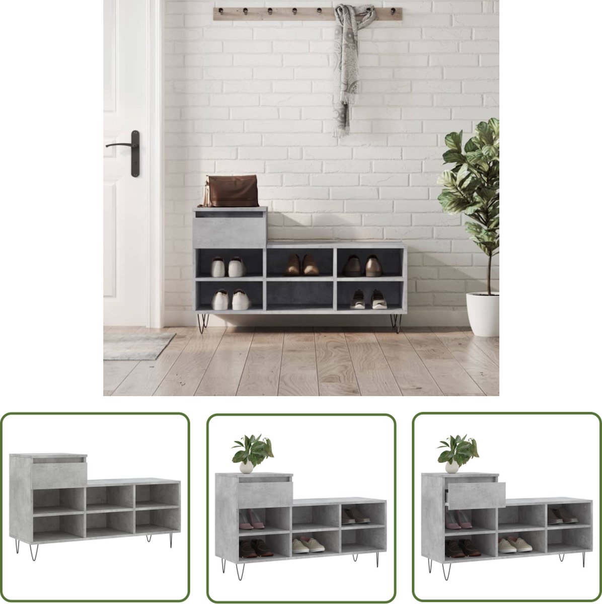 The Living Store Schoenenkast Betongrijs - Elegant - Meubelen - 102x36x60 cm - Duurzaam materiaal - Schoenenkast - Schoenendoos - Bergruimte - Organisatie - Opslag (8721194509491)