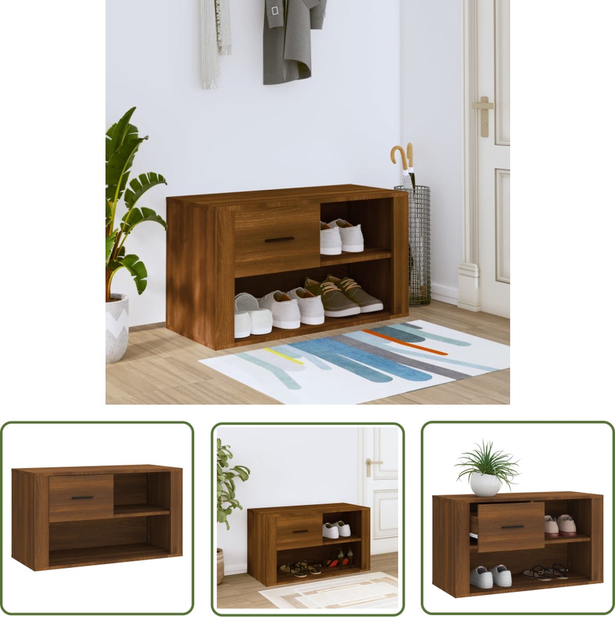 The Living Store Schoenenkast - Bruineiken - 80 x 35 x 45 cm - Opbergruimte - Stevig hout (8721031231462)