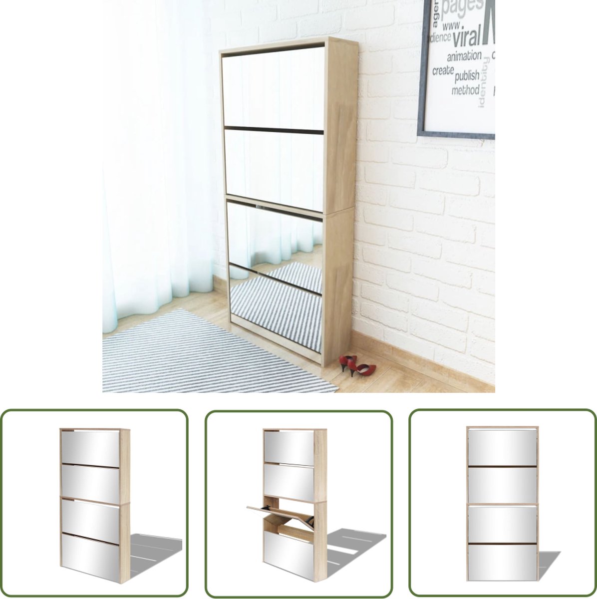 The Living Store Schoenenkast Eiken - 63x17x134cm - Spiegels - 4 lades (8721031228301)