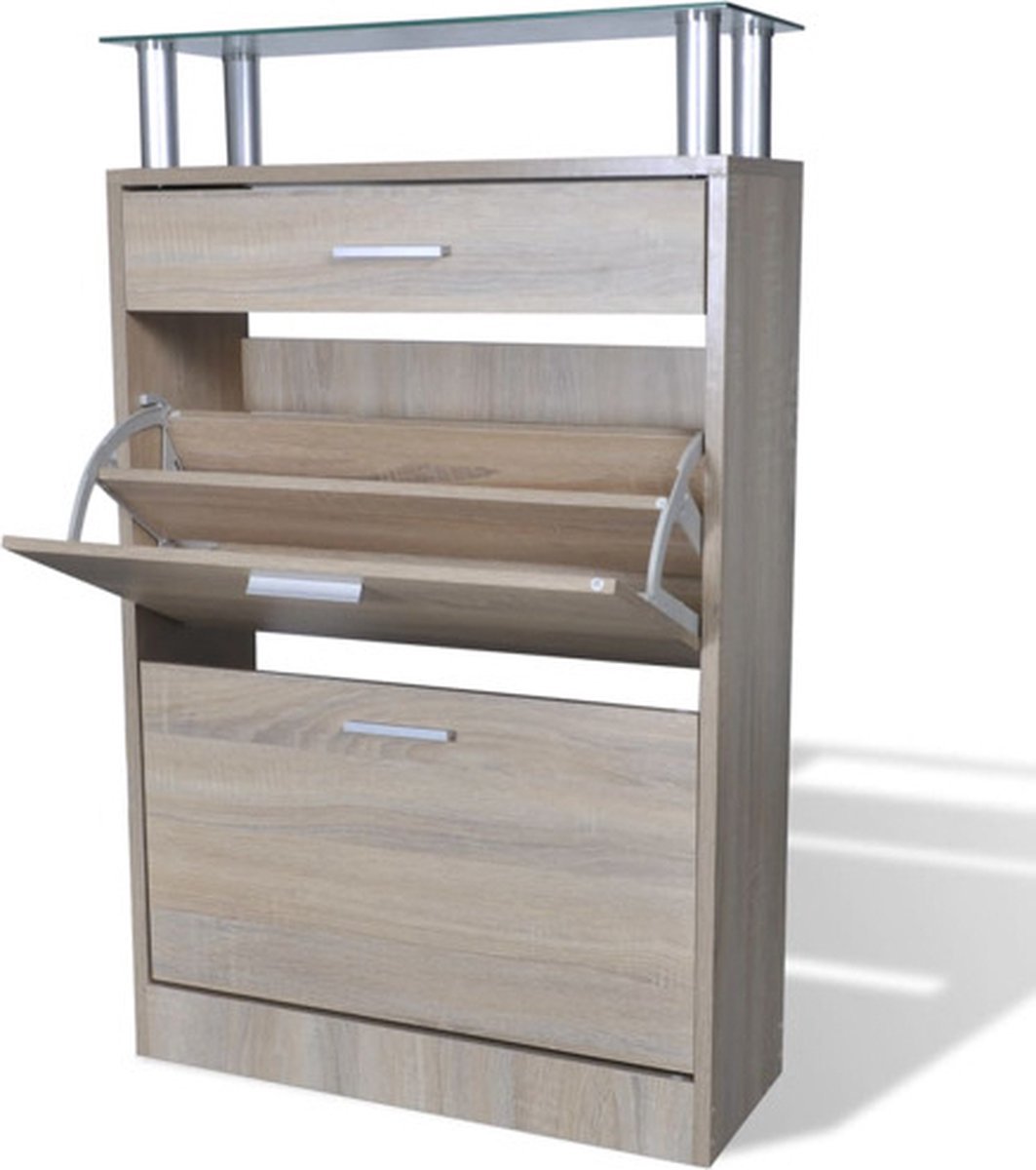 The Living Store Schoenenkast Eiken - Houten kast met lade en glazen schap - 63 x 24 x 104 cm (8721031229629)