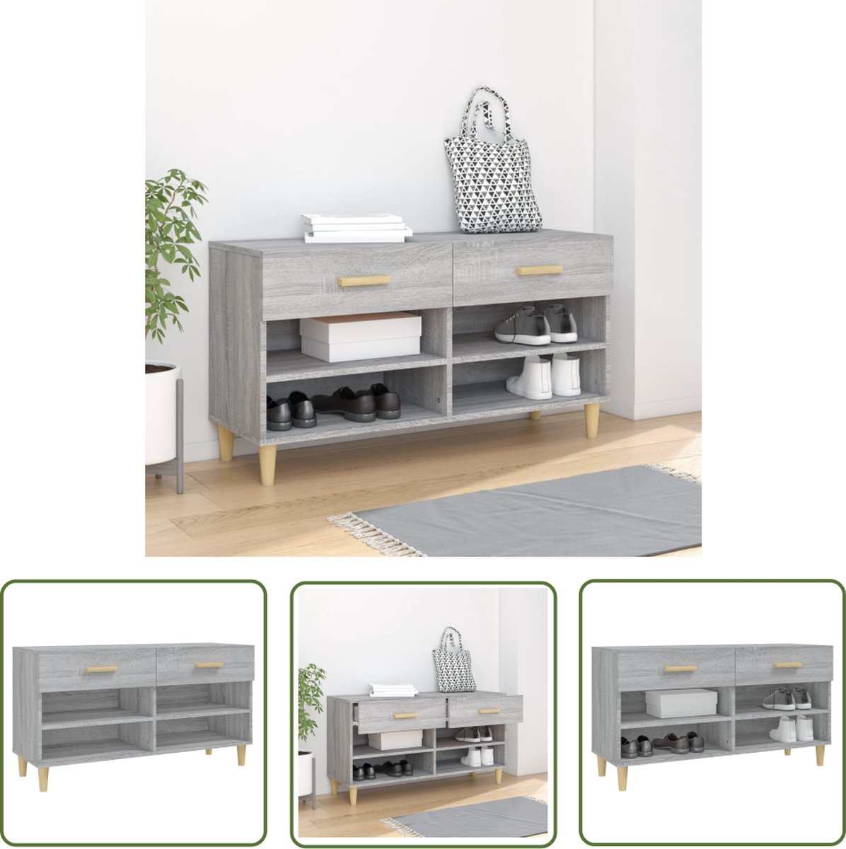 The Living Store Schoenenkast - Elegant - Opbergruimte 2 lades - 4 vakken - Afmetingen- 102x35x55cm - Grijs Sonoma eiken - Elegante Schoenenkast - Schoenenkast Grijze Kleur - Houten Schoenenkast - Schoenuitlegers - Opbergkasten (8721032025343)