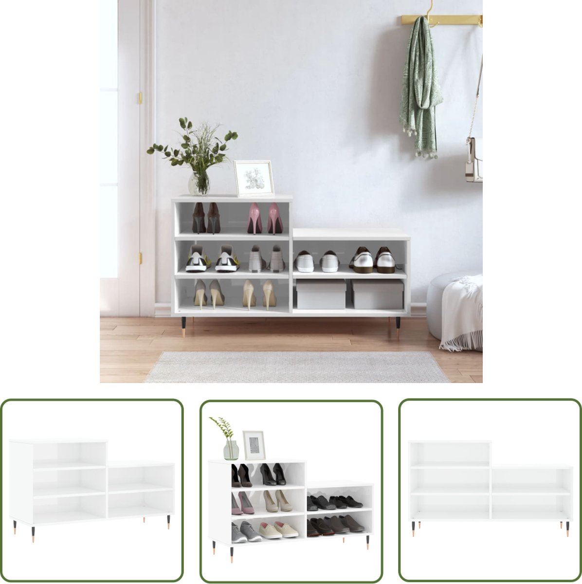 The Living Store Schoenenkast Elegante Hoogglans Wit - 102 x 36 x 60 cm - Duurzaam hout - 5 vakken (8721194486853)