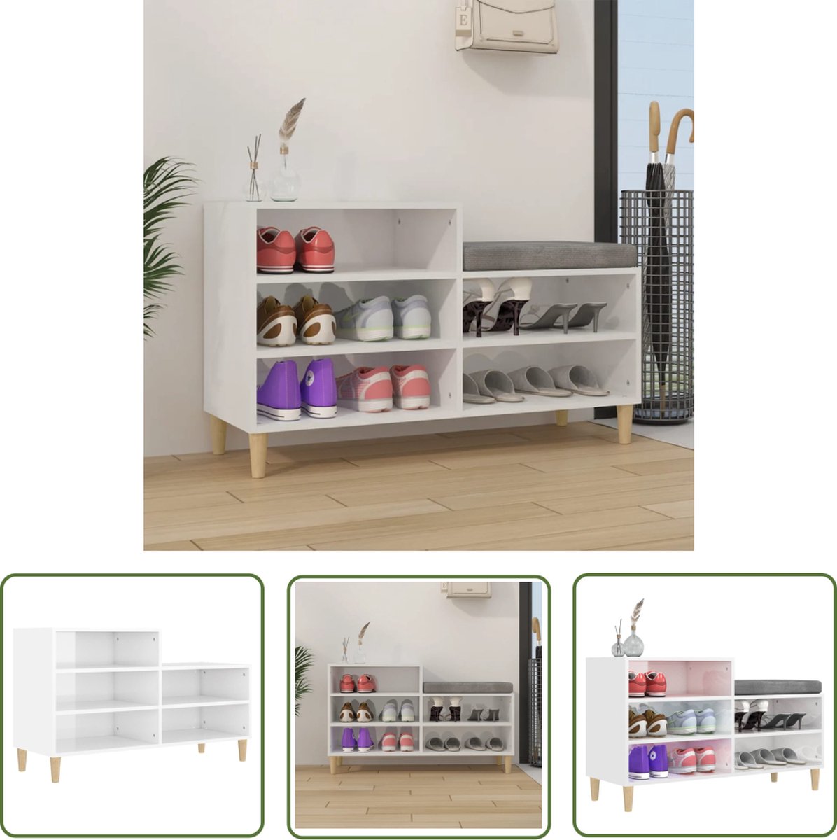 The Living Store Schoenenkast - Elegante opbergruimte van bewerkt hout - Stabiel en vochtbestendig - 5 vakken - Hoogglans wit - 102 x 36 x 60 cm - Wandmontage vereist (8721032259427)