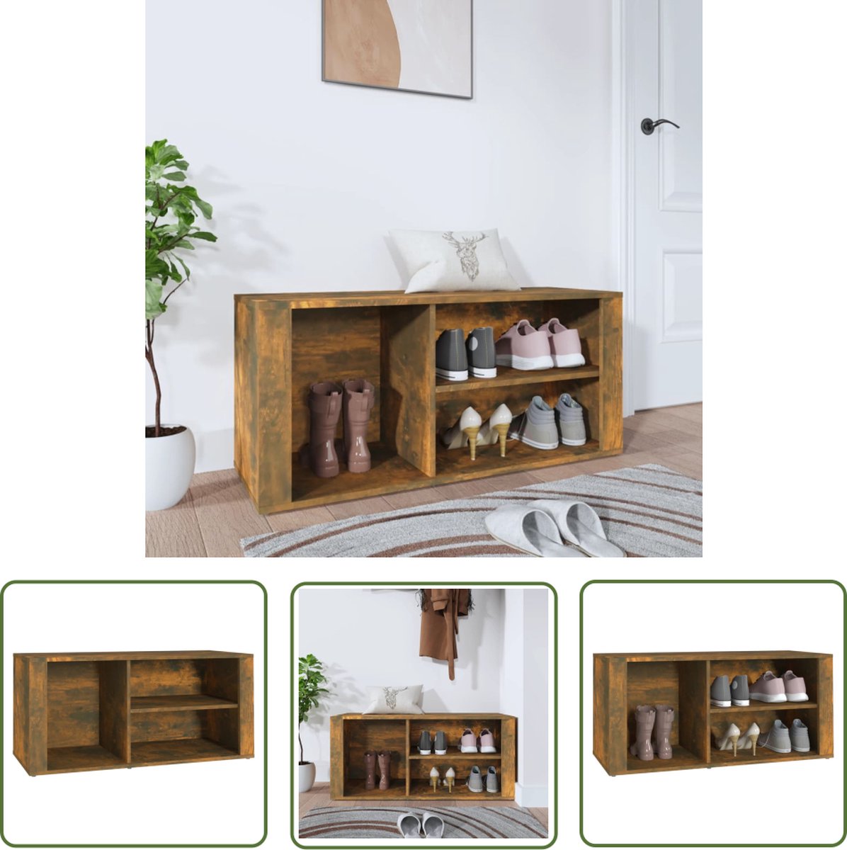 The Living Store Schoenenkast - Gerookt eiken - 100 x 35 x 45 cm - Stabiel - Veel opbergruimte (8721031230236)