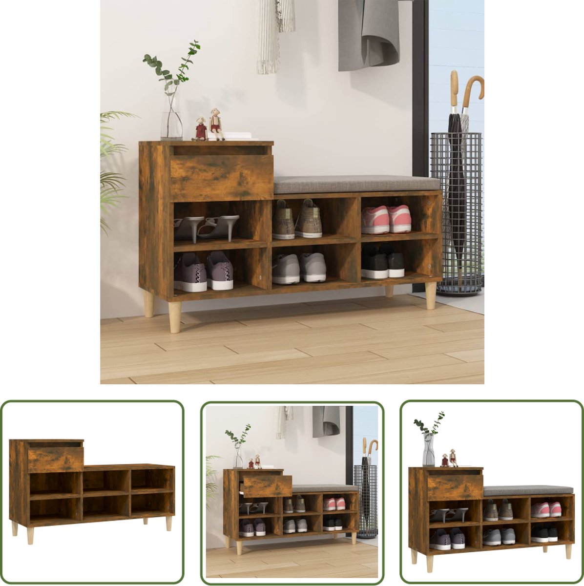 The Living Store Schoenenkast - Gerookt eiken - 102 x 36 x 60 cm - Duurzaam hout - Veel opbergruimte (8721032103102)