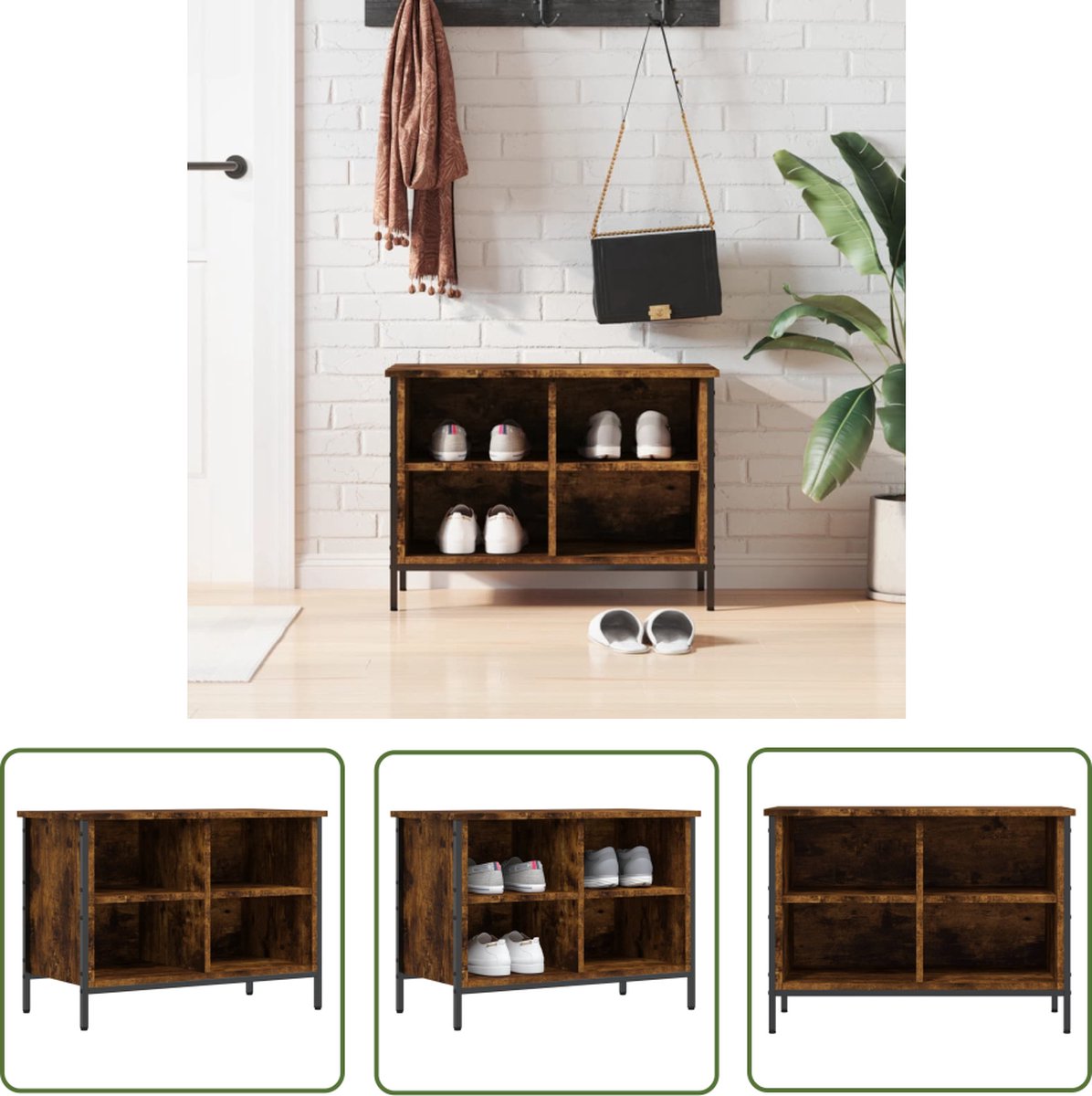 The Living Store Schoenenkast - Gerookt eiken - 69 x 35 x 50 cm - Schoenenkast - Schoenuitlegger - Berging Schoenen - Houten Schoenenkast - Bruine Schoenenkast (8721032189632)