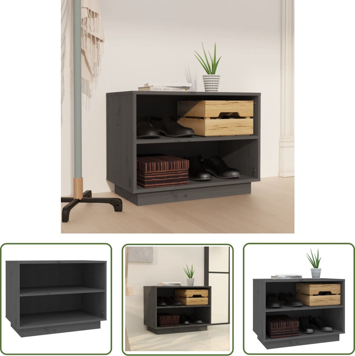 The Living Store Schoenenkast Grenenhout - 60 x 34 x 45 cm - Grijs (8721031230304)