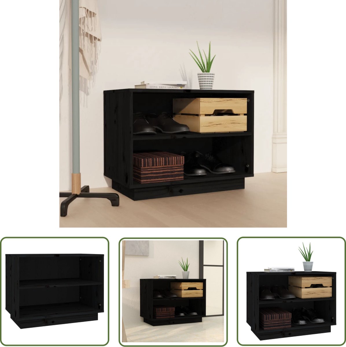 The Living Store Schoenenkast - Grenenhout - 60 x 34 x 45 cm - Zwart - Schoenenkast - Houten Schoenenkast - Schoenenkast Grenenhout - Zwarte Schoenenkast - Entree Meubilair (8721031227526)