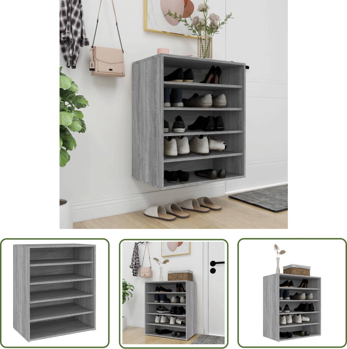 The Living Store Schoenenkast Grey Sonoma Eiken 60x35x70cm - Praktisch - Elegant (8721032043552)