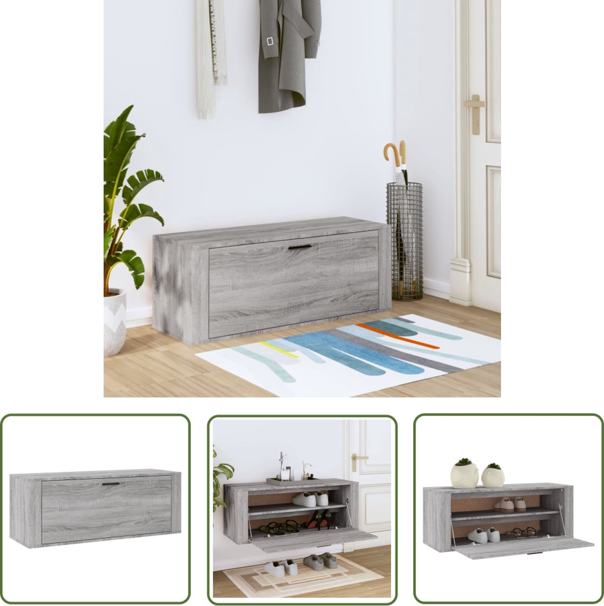 The Living Store Schoenenkast - Grijs Sonoma Eiken - 100 x 35 x 38 cm - Bewerkt hout - Schoenenkast - Wandenkast - Schoenenopbergers - Bergruimte - Organisatie (8721031230151)