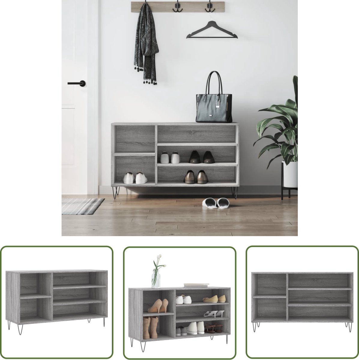 The Living Store Schoenenkast - Grijs Sonoma Eiken - 102 x 36 x 60 cm - Duurzaam - 5 Vakken (8721194046101)