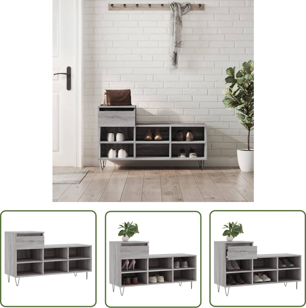 The Living Store Schoenenkast - Grijs Sonoma Eiken - 102 x 36 x 60 cm - Duurzaam bewerkt hout en metaal - Schoenenkast - Schoenuitlegger - Bergruimte - Opslagkasten - Houten Kast (8721194200336)