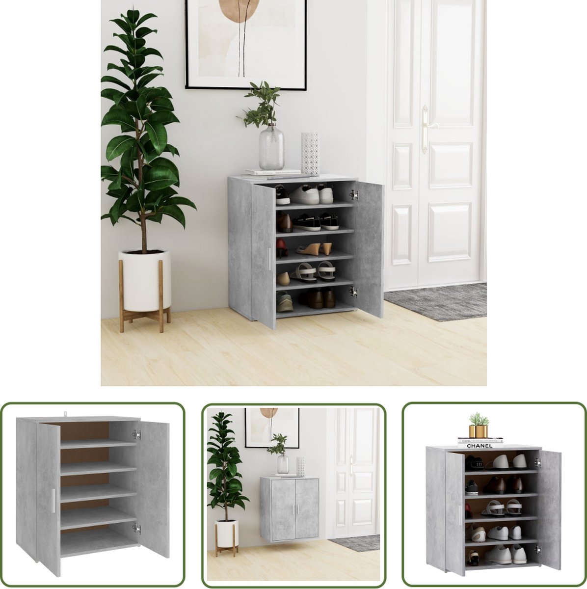 The Living Store Schoenenkast - Halkast - Betongrijs - 60 x 35 x 70 cm - Spaanplaat - Schoenenkast - Schoenenkisten - Bergruimte - Organisatie - Entreehal (8721031229353)