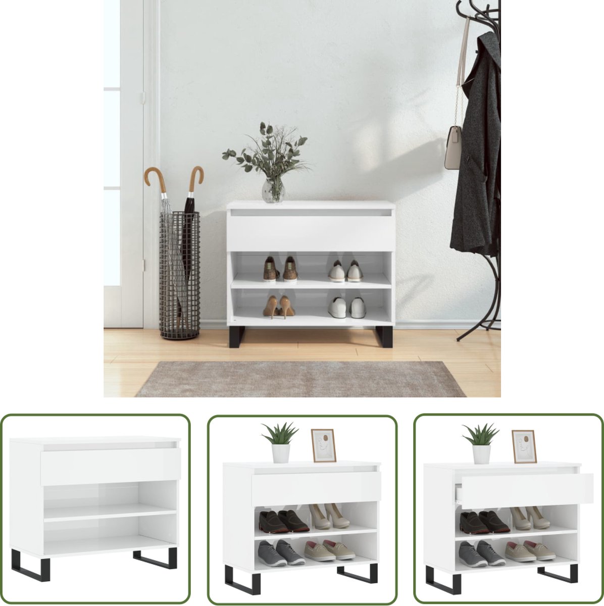 The Living Store Schoenenkast - Hoogglans wit - 70 x 36 x 60 cm - Bewerkt hout en metaal (8721194509750)