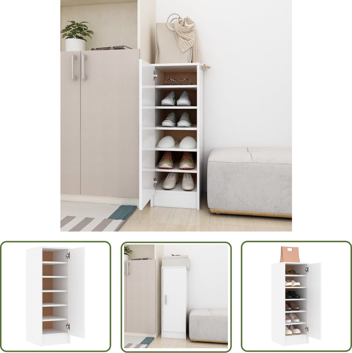The Living Store Schoenenkast Hout - 32 x 35 x 92 cm - Wit - 6 planken (8721032086641)
