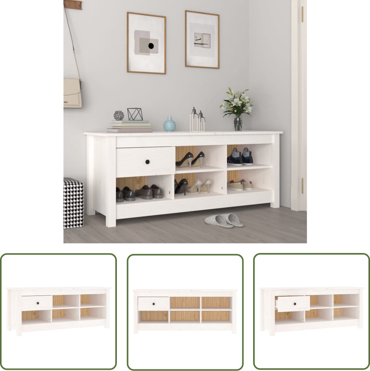 The Living Store Schoenenkast - Massief grenenhout - 110x38x45.5 cm - Wit (8721031229773)