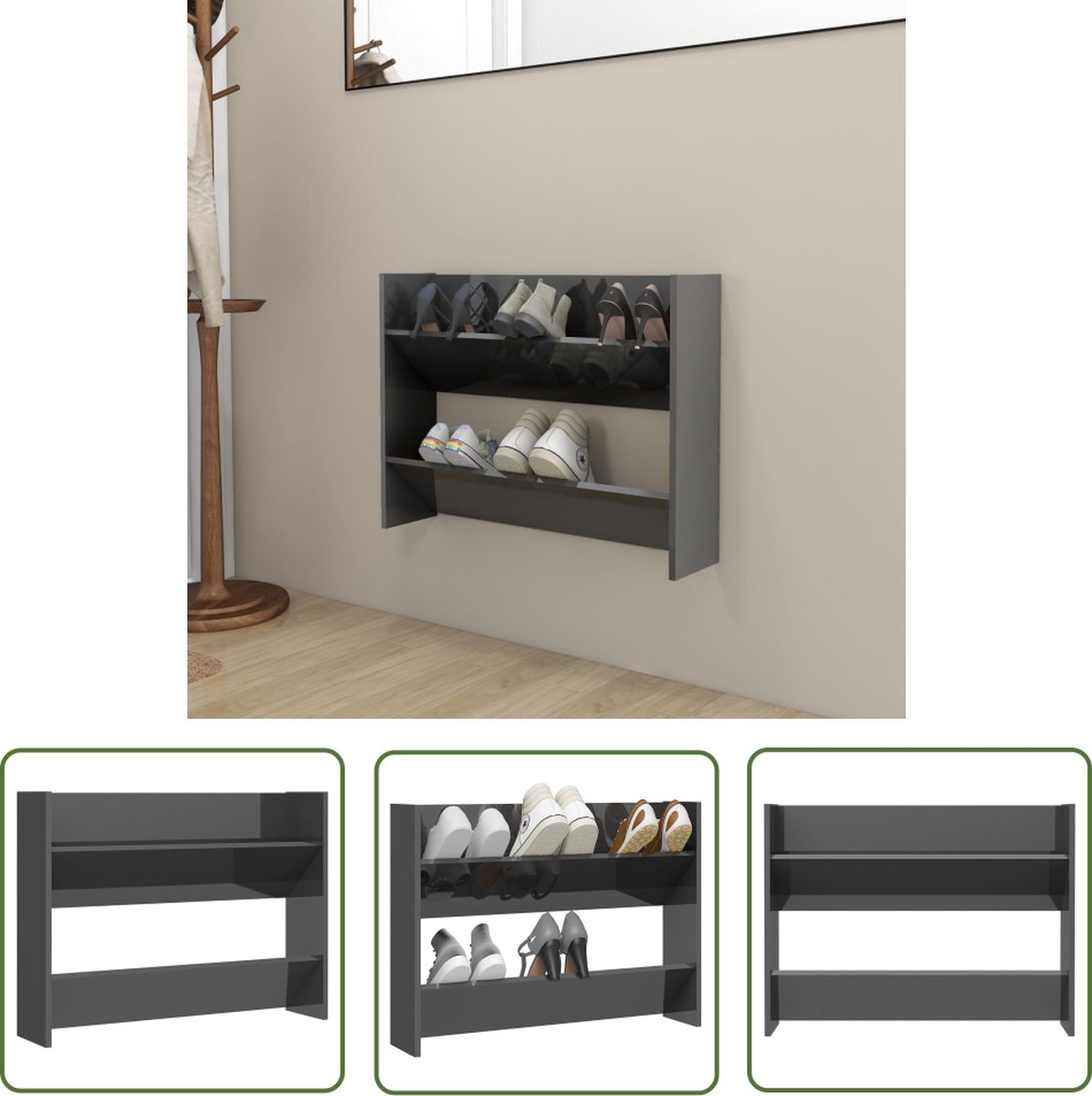The Living Store Schoenenkast - Muurmontage - 80 x 18 x 60 cm - Hoogglans grijs (8721031228660)