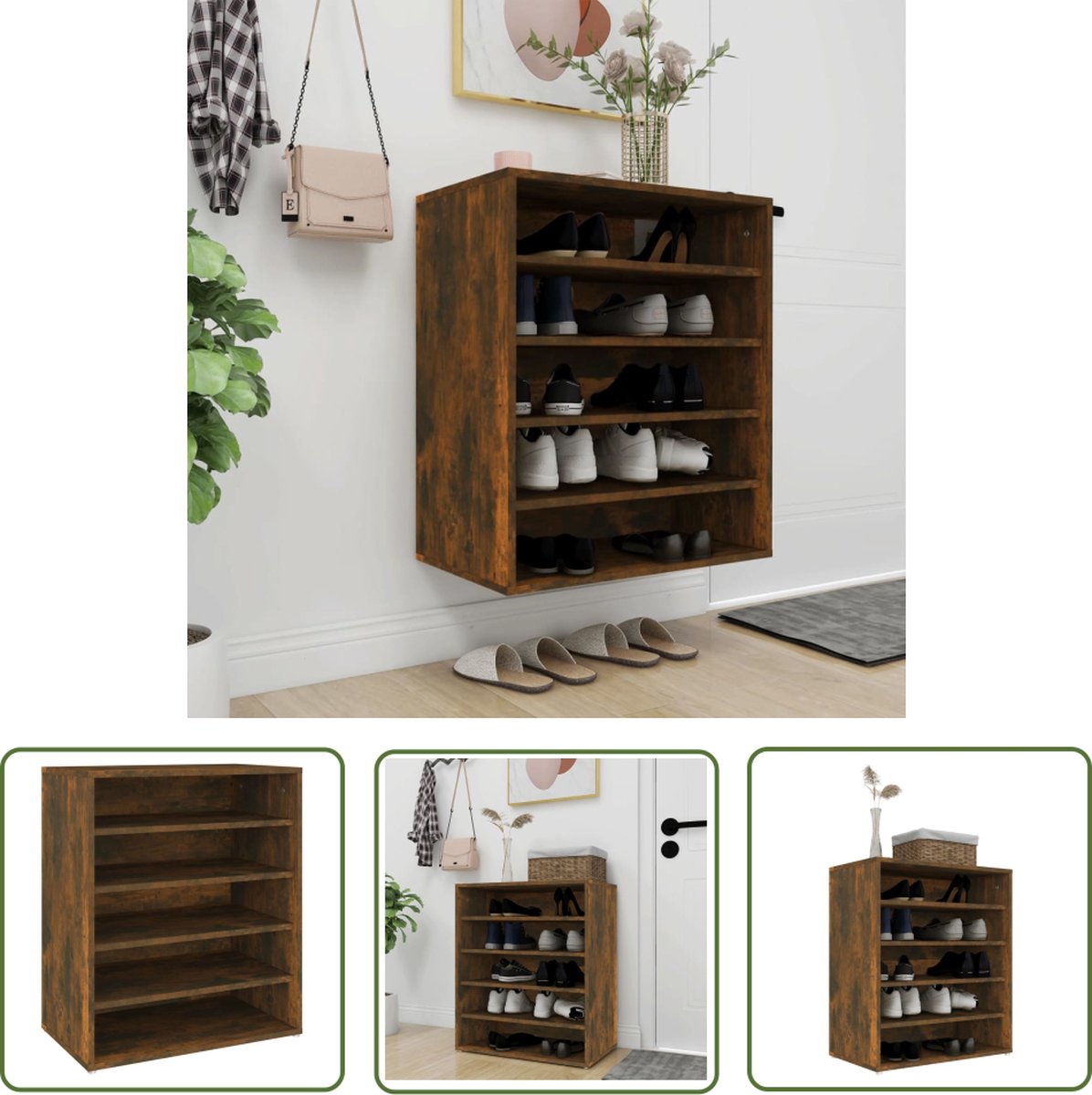 The Living Store Schoenenkast - Praktisch - Gerookt eiken - 60 x 35 x 70 cm - Schoenenkast - Houten Schoenenkast - Bruine Schoenenkast - Compact Schoenenkast - Bergruimte Schoenen (8721032253494)