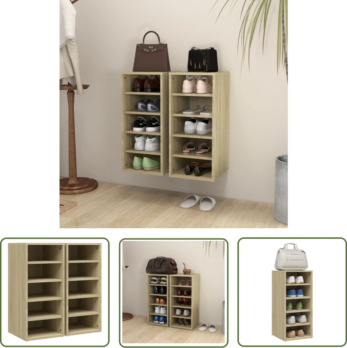 The Living Store Schoenenkast - Sonoma Eiken - 31.5 x 35 x 70 cm - Wandmontage - 5 vakken (8721031229834)