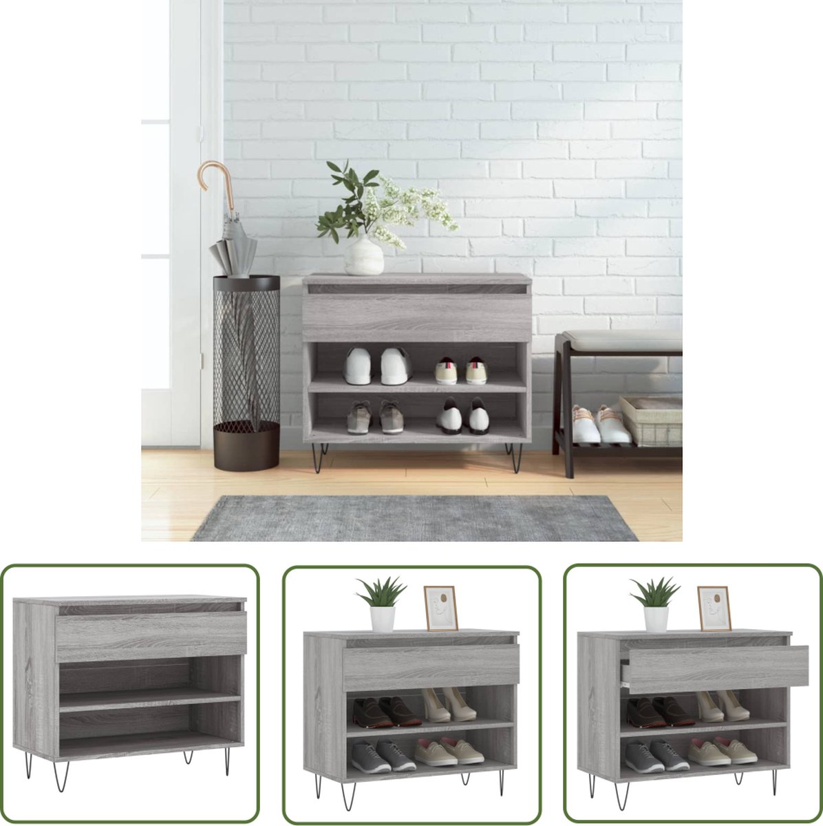 The Living Store Schoenenkast - Sonoma Eiken - 70 x 36 x 60 cm - Met lade en 2 open vakken - Schoenenkast - Schoenen Organisatie - Houten Schoenenkast - Sonoma Eiken - Schoenuitlegers (8721194344542)