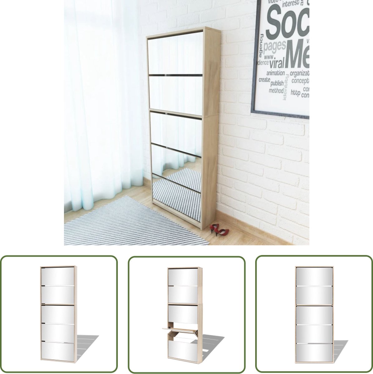 The Living Store Schoenenkast - Spiegel - Eiken - 63 x 17 x 169.5 cm - 5 lades (8721031228295)