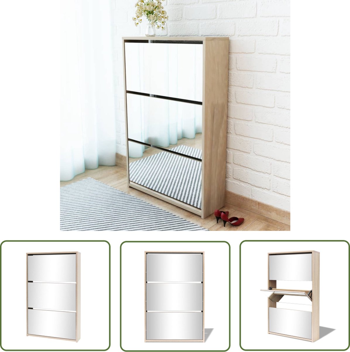 The Living Store Schoenenkast - Spiegelschoenenkast - 63 x 17 x 102.5 cm - Eiken (8721031228257)