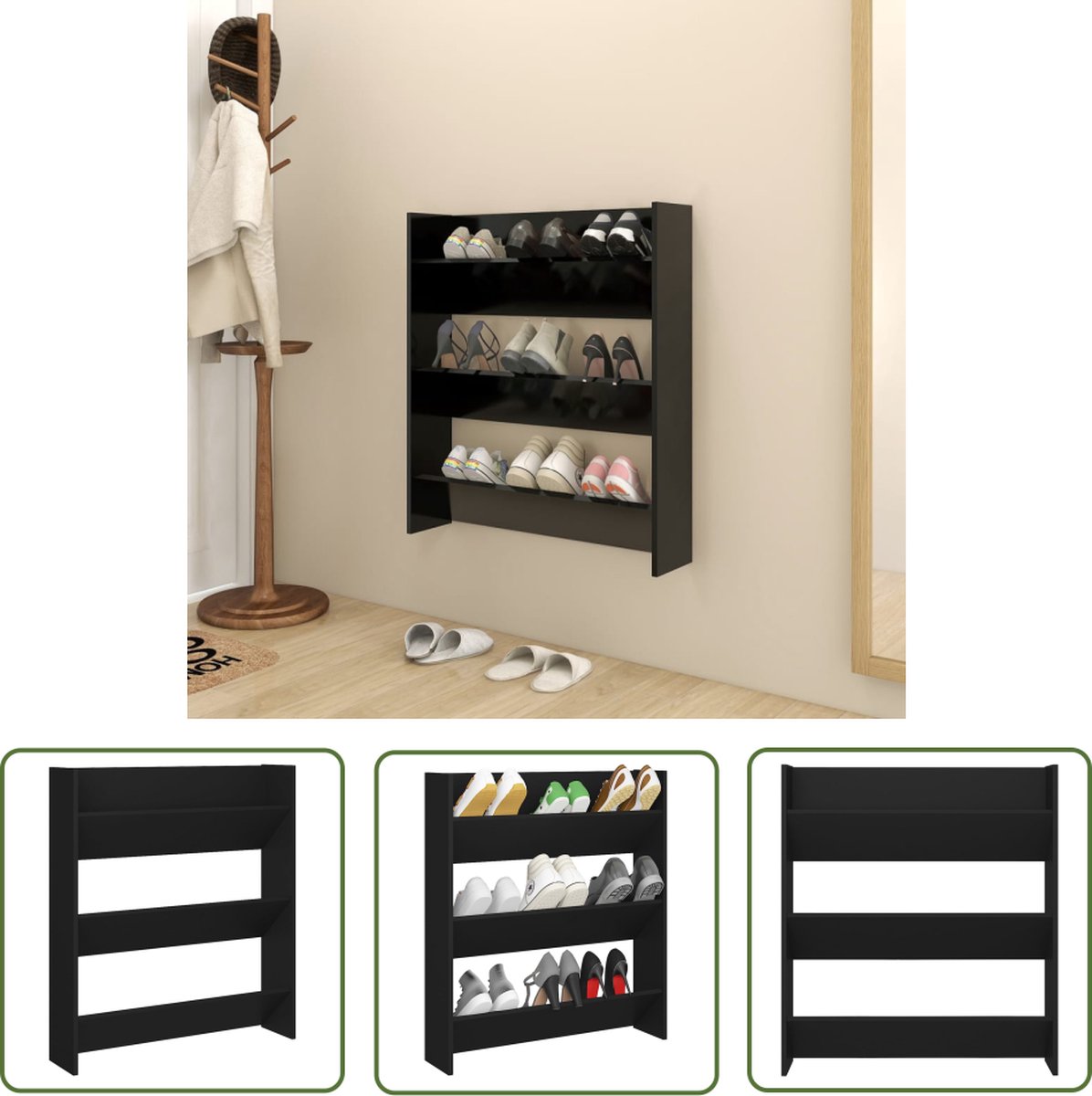 The Living Store Schoenenkast Wandmontage - 80 x 18 x 90 cm - Zwart (8721031230380)
