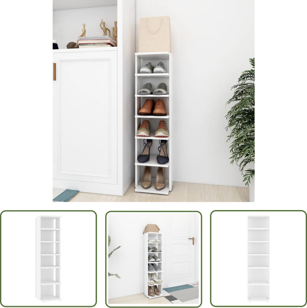 The Living Store Schoenenkast - Wit - 27.5 x 27 x 102 cm - Gemaakt van bewerkt hout - Schoenenkast - Schoenen Rek - Houten Schoenenkast - Witte Schoenenkast - Organisatie (8721032227624)