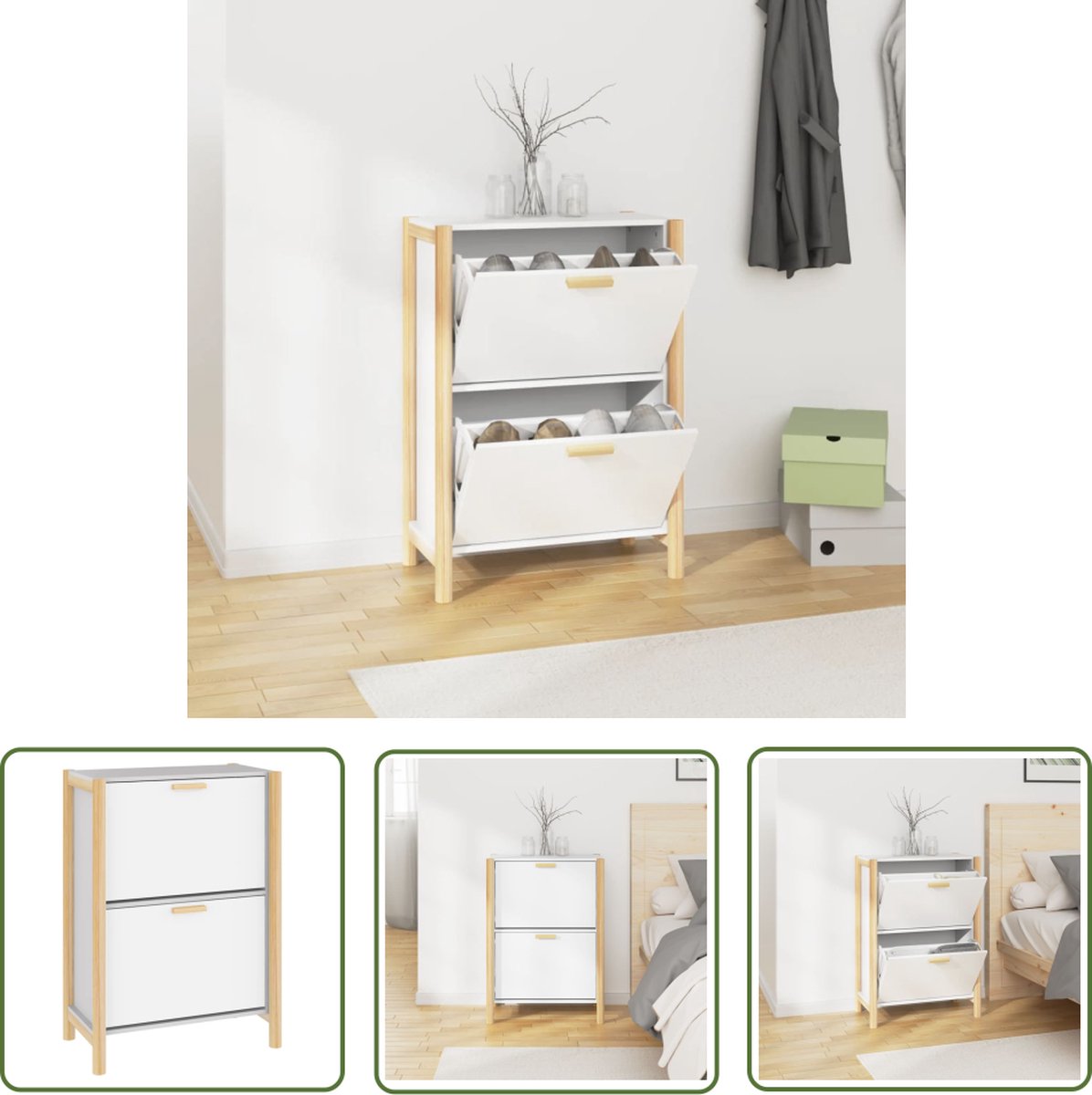 The Living Store Schoenenkast - Wit - 57.5 x 33 x 80 cm - Duurzaam hout - Stabiele houten poot (8721032044368)