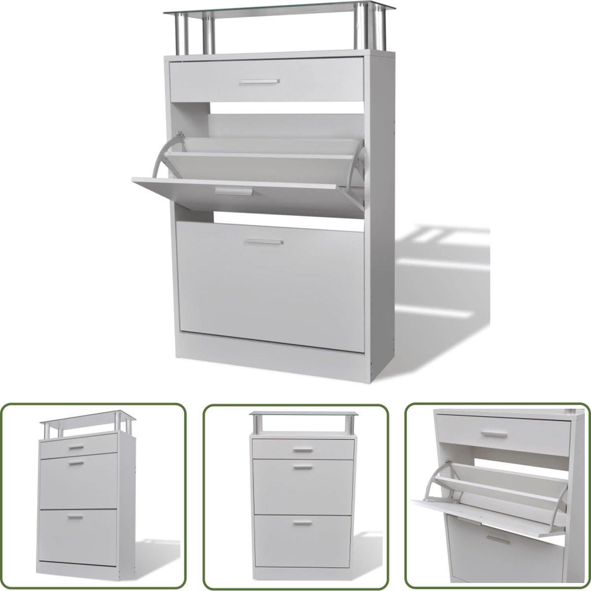 The Living Store Schoenenkast - Wit - 63x24x104cm - Houten kast met lade en glazen schap (8721031231097)