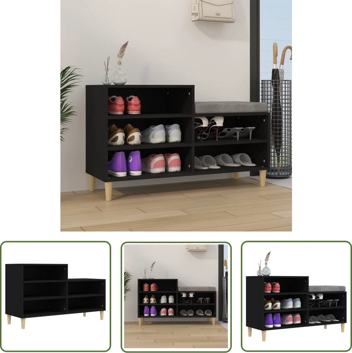 The Living Store Schoenenkast - Zwart - 102 x 36 x 60 cm - Duurzaam bewerkt hout - Stabiel en vochtbestendig (8721032020928)
