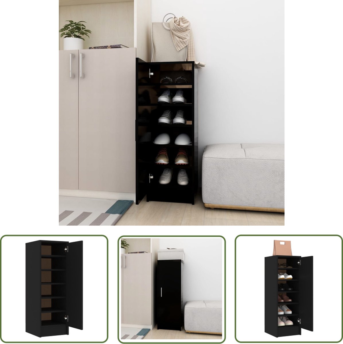 The Living Store Schoenenkast - Zwart - 32 x 35 x 92 cm - Met 6 planken - Montage vereist (8721032153817)