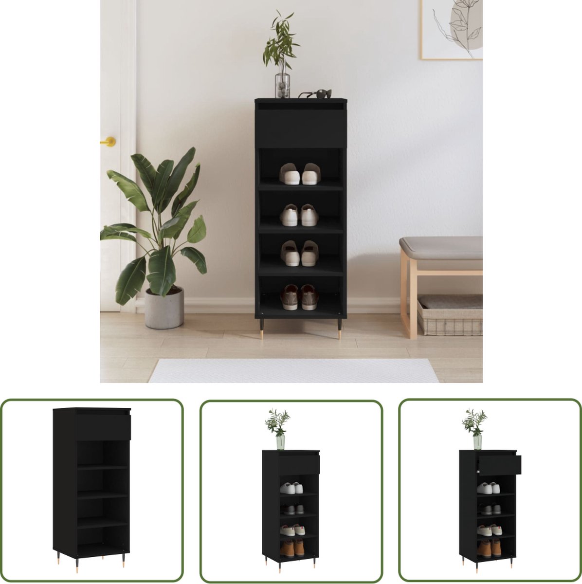 The Living Store Schoenenkast - Zwart - 40 x 36 x 105 cm - Duurzaam bewerkt hout en metaal (8721194024307)