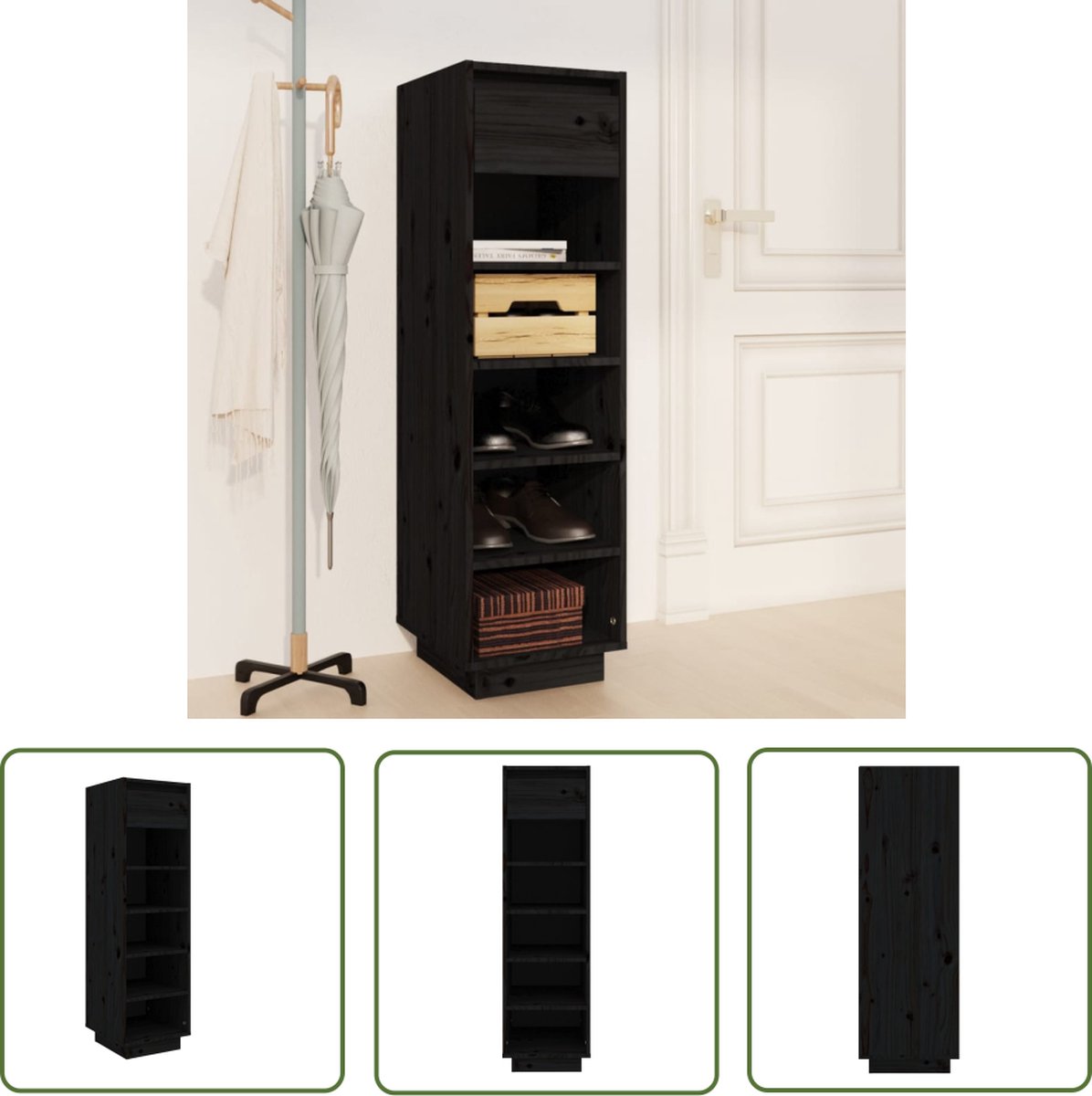 The Living Store Schoenenkast Zwarte Organiser - 34 x 30 x 105 cm - Massief Grenenhout (8721032270330)