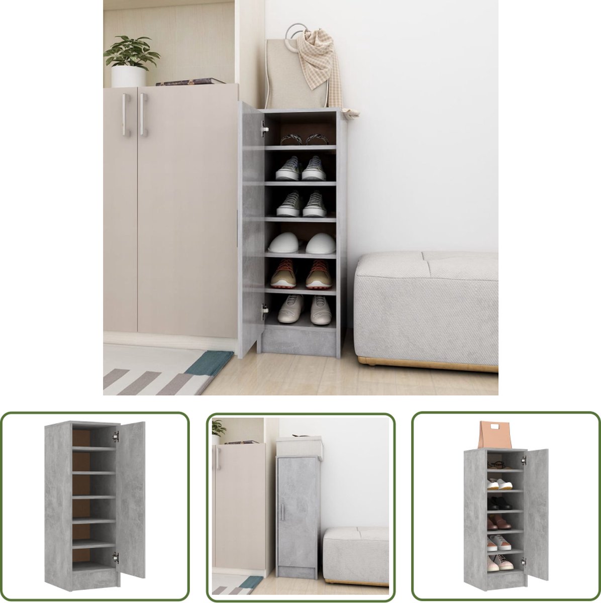 The Living Store Schoenenkast betongrijs 32 x 35 x 92 cm - 6 planken - deur links of rechts - Spaanplaat (8721032019908)