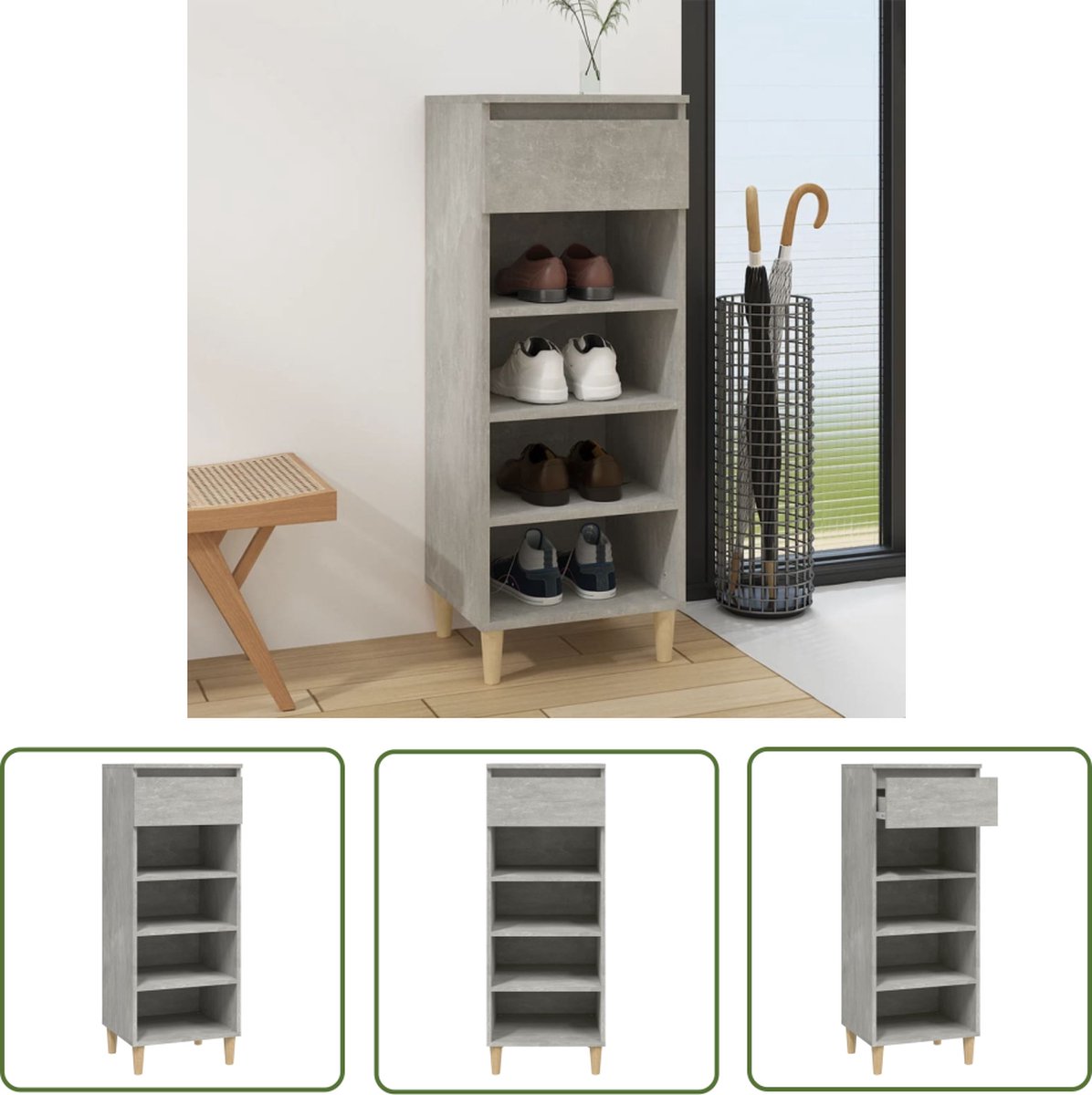 The Living Store Schoenenkast - bewerkt hout - 40 x 36 x 105 cm - betongrijs (8721032193363)