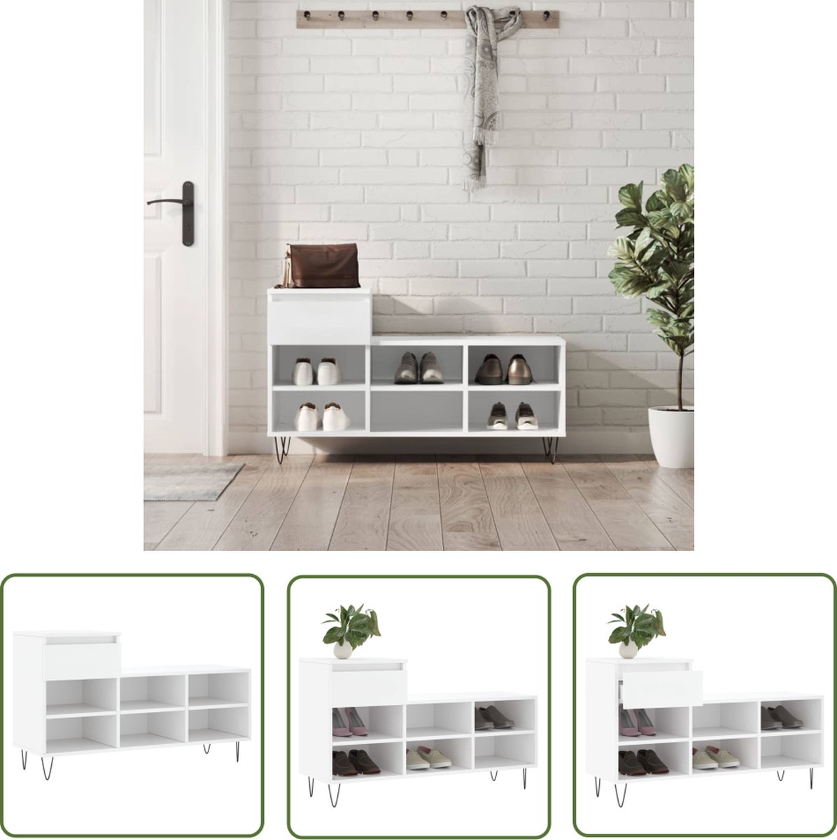 The Living Store Schoenenkast wit 102x36x60 cm - bewerkt hout/metaal (8721194200435)