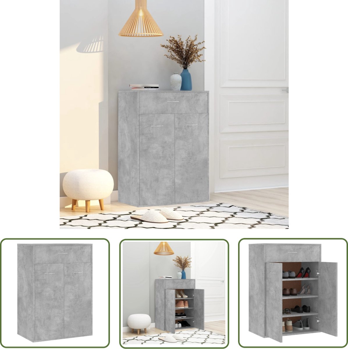 The Living Store Schoenenrek Betongrijs - 60 x 35 x 84 cm - Met 1 lade - 2 deuren en 4 binnenschappen (8721031227809)