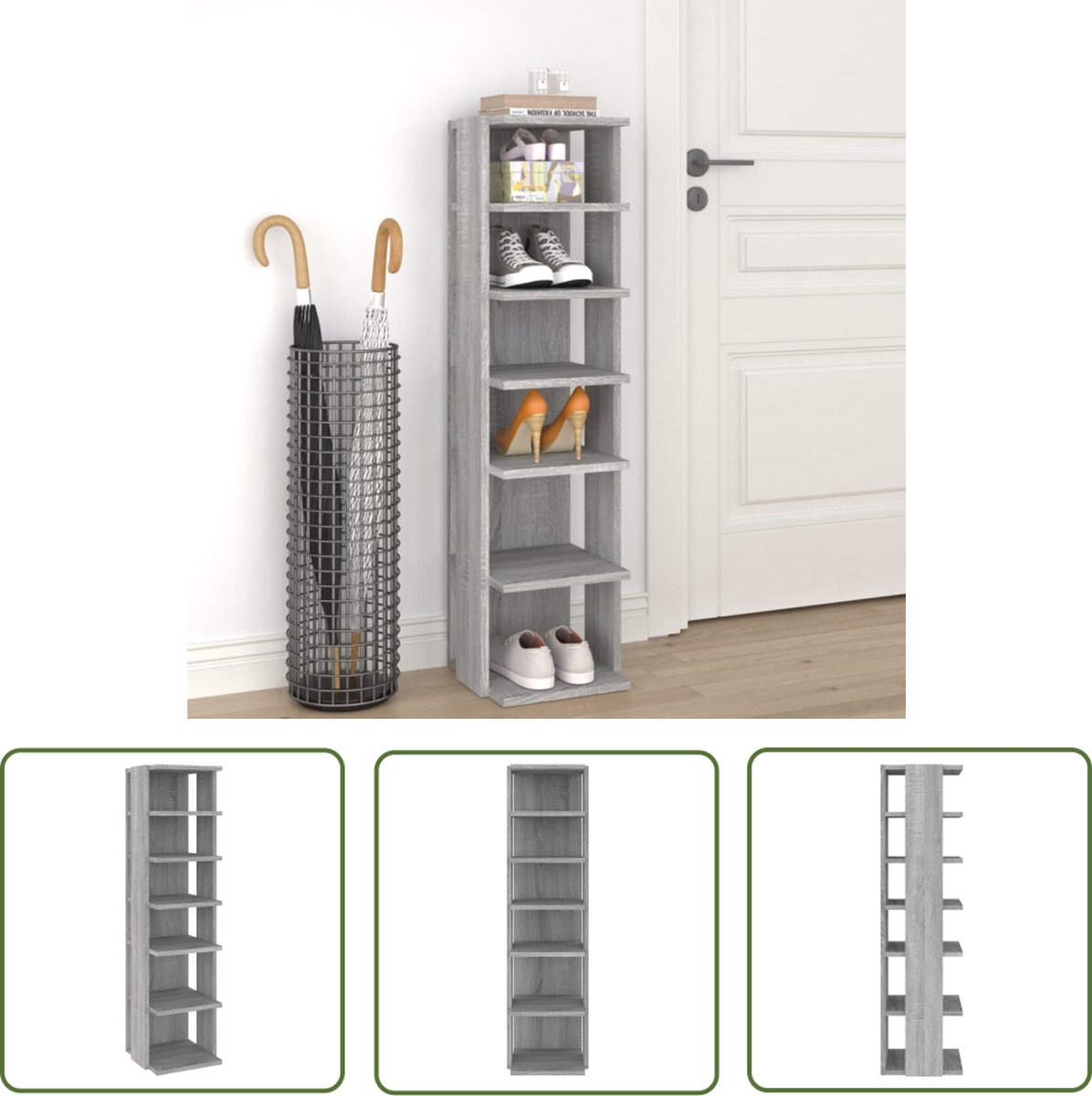 The Living Store Schoenenrek - Grijs Sonoma Eiken - 27.5 x 27 x 102 cm - Met 6 schappen - Schoenenrek - Houten Schoenenkast - Grijze Schoenenplank - Schoenuitschuifsysteem - Bergruimte Schoenen (8721032081684)