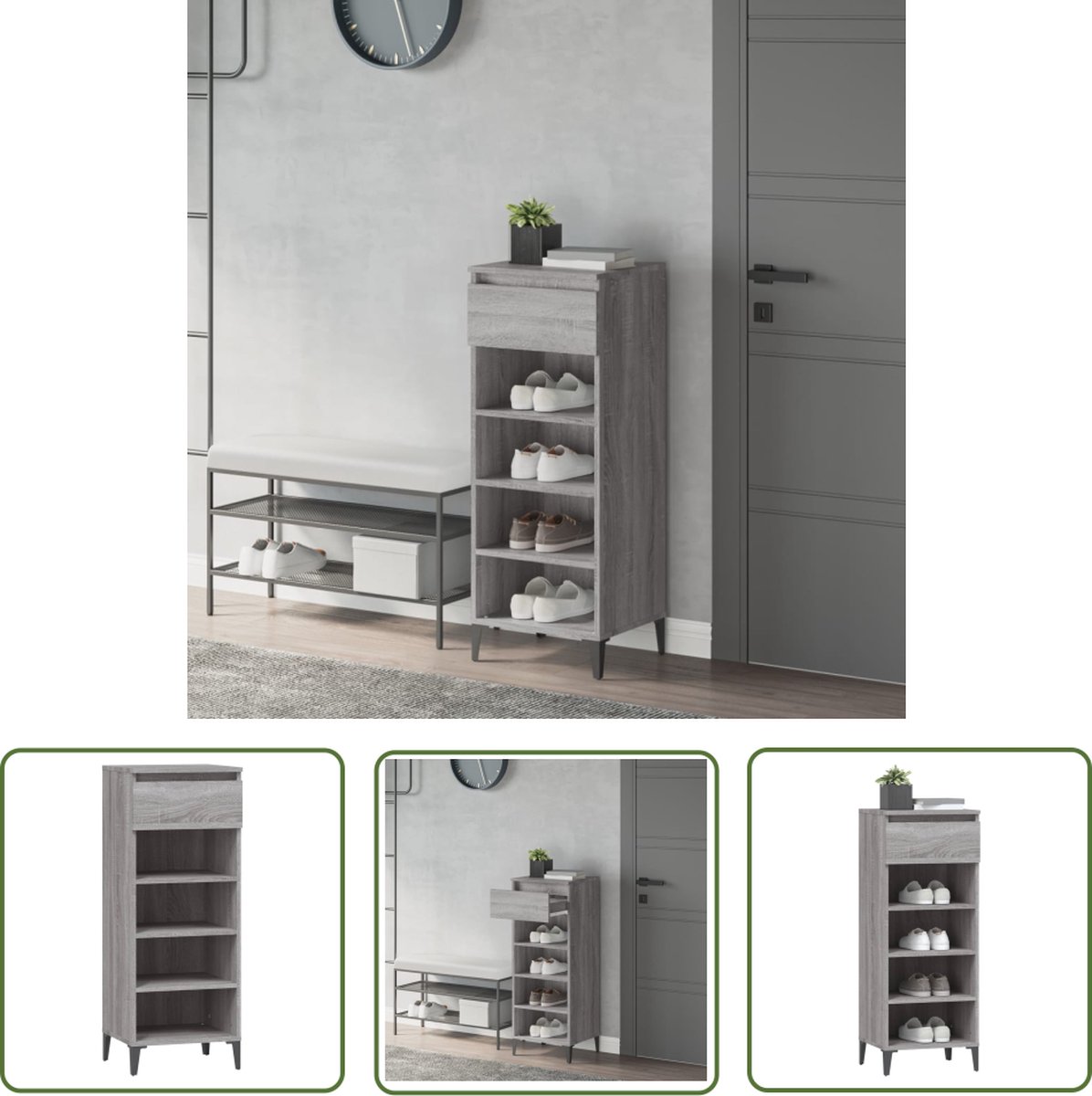 The Living Store Schoenenrek Industrieel - 40 x 36 x 105 cm - Grijs Sonoma Eiken (8721032020645)