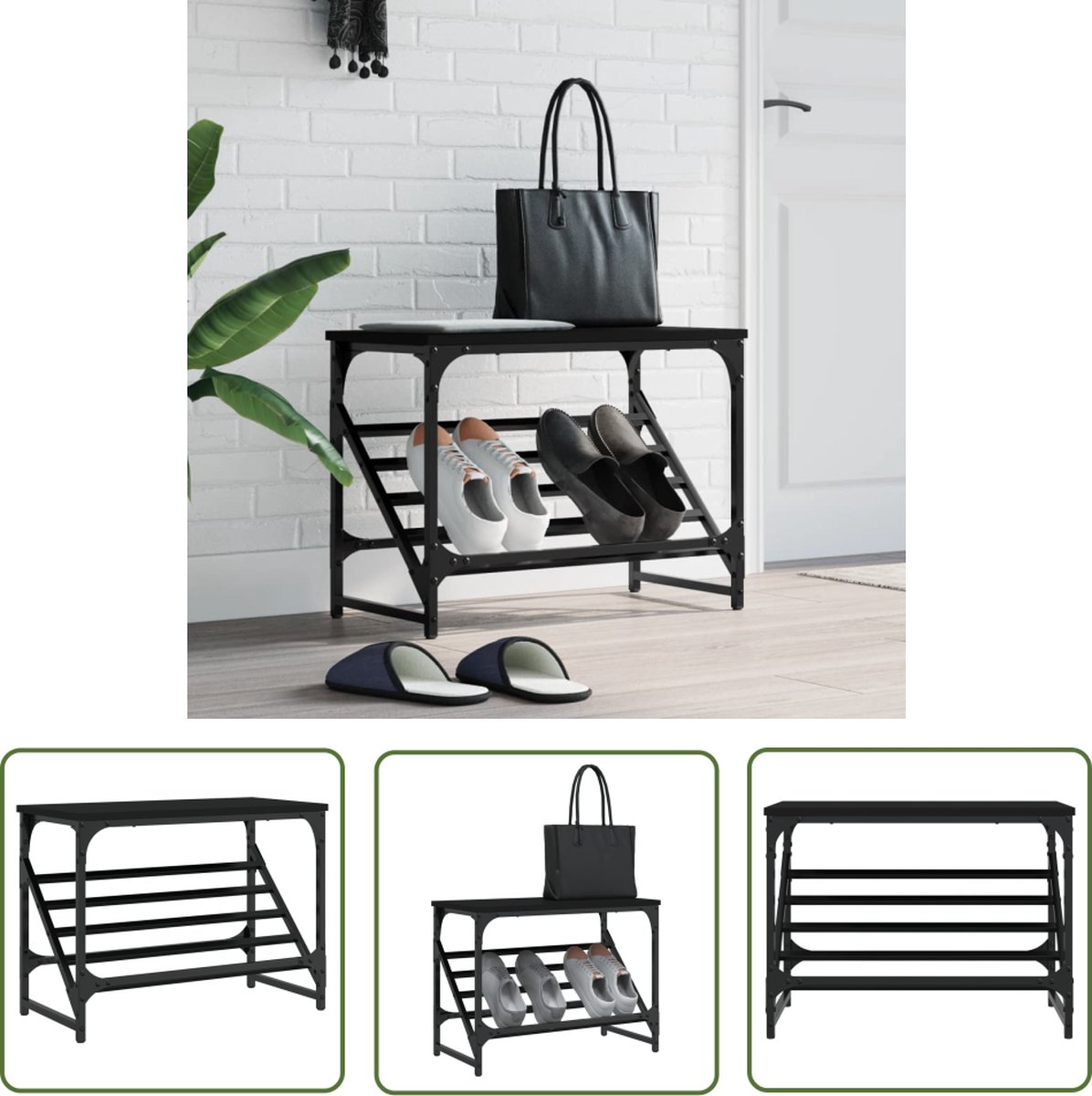 The Living Store Schoenenrek - Klassiek - Houten - Zwart - 60 x 30 x 45 cm (8721194335946)