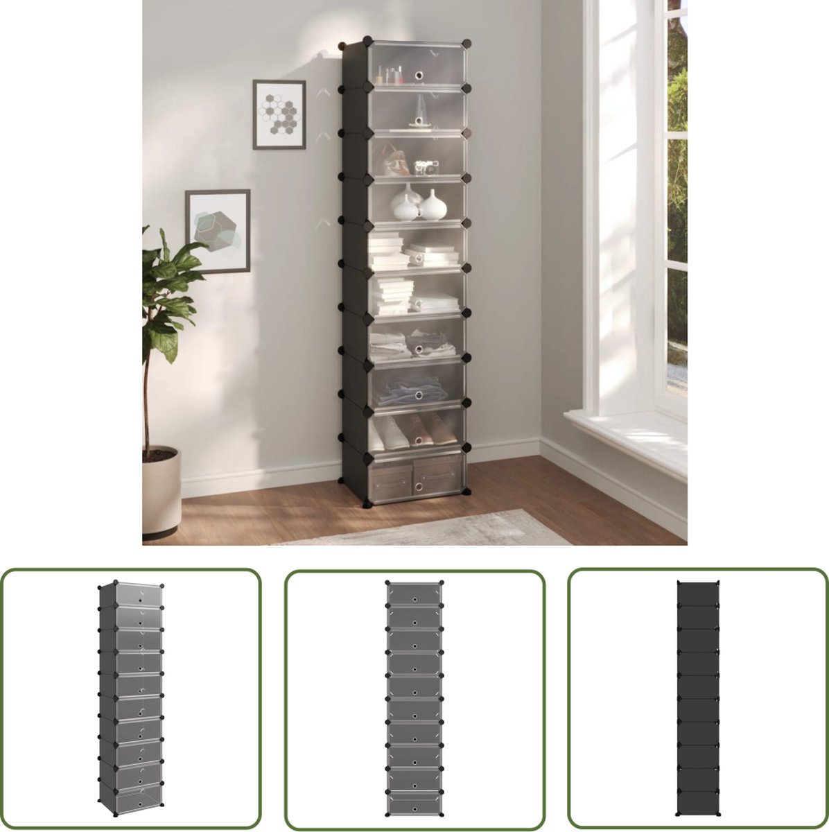 The Living Store Schoenenrek - Opbergoplossing - 44 x 32 x 174 cm - Zwart - PP - Staal - Schoenenrek - Schoenuitlegers - Opbergoplossingen - Kastje - Organisatie (8721031229452)