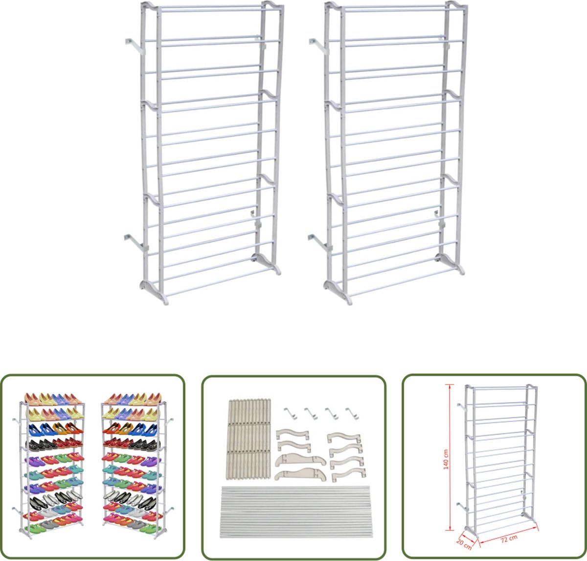 The Living Store Schoenenrek Wit Kunststof - 72 x 20 x 140 cm - Ruimte voor 40 paar schoenen (8721031231387)