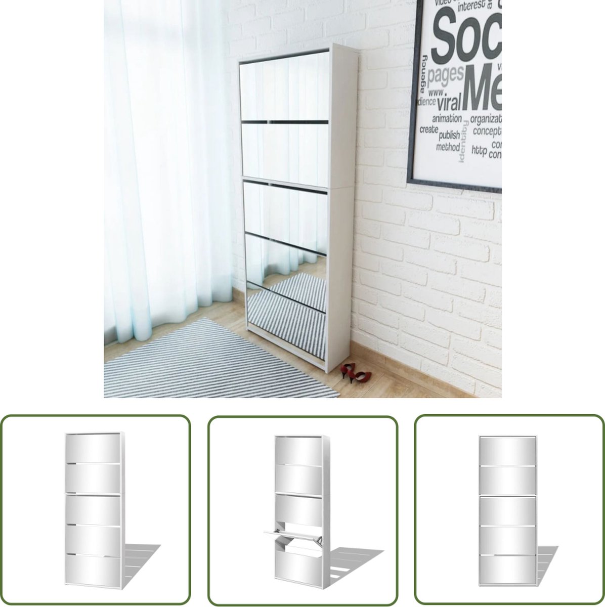 The Living Store Spiegelschoenenkast - Halkast 5 lades - Wit - 63x17x169.5cm (8721031230403)